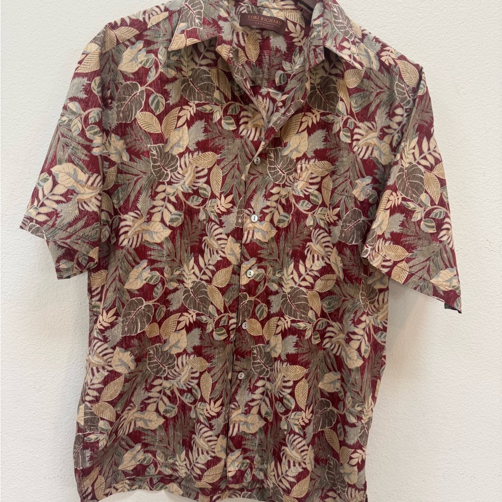 Tori Richard Burgundy and Olive Leaf Print Shirt